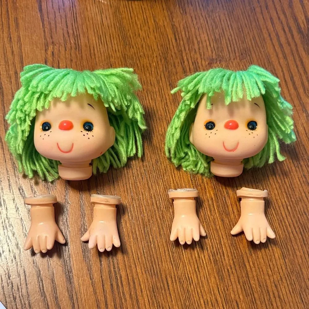 Vintage Mitzy Yarn Hair Freckled Doll Heads and Hands Set of Two New Old Stock